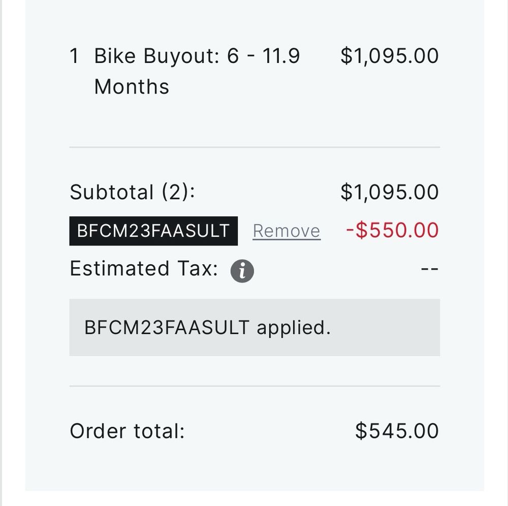 Screenshot of payment page for Peloton bike showing a $550 discount making the total price $545.