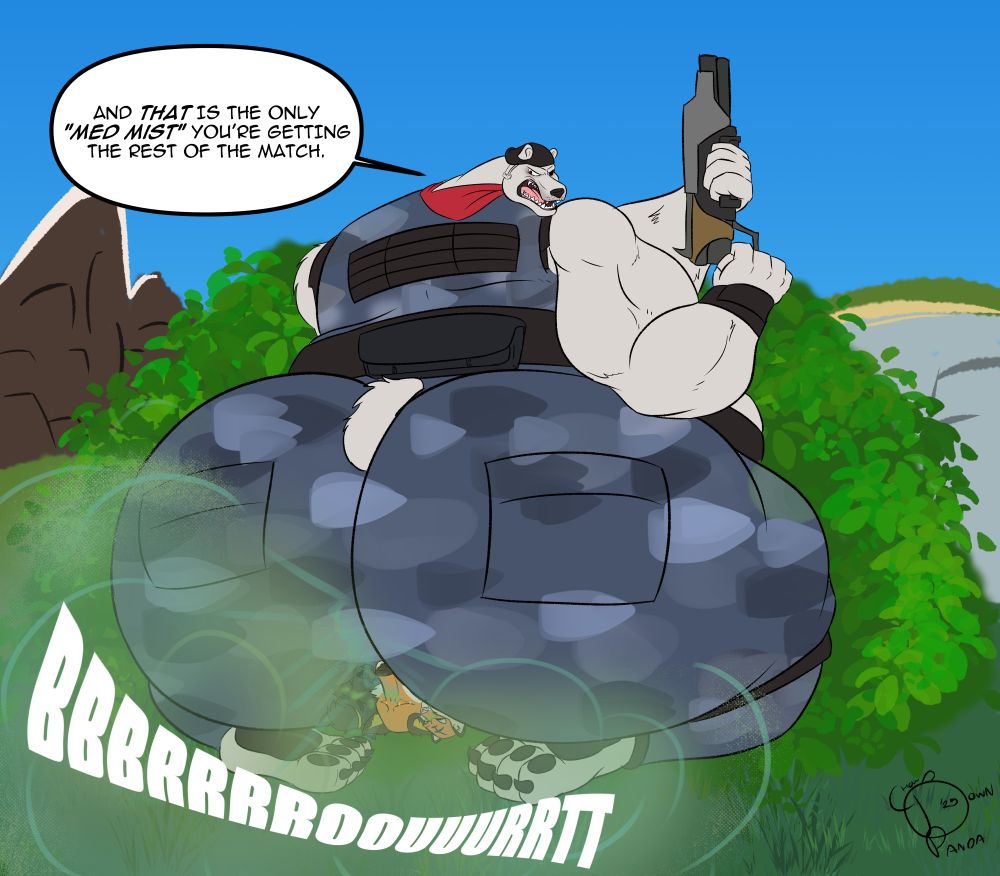 Polar Patroller hiding behind a bush, farting on Dire, Oscar, and Fennix. Polar readies his shotgun and looks down angrily at the trio saying, And that's the only 'Med Mist' you're getting the rest of the match" as he farts on them.