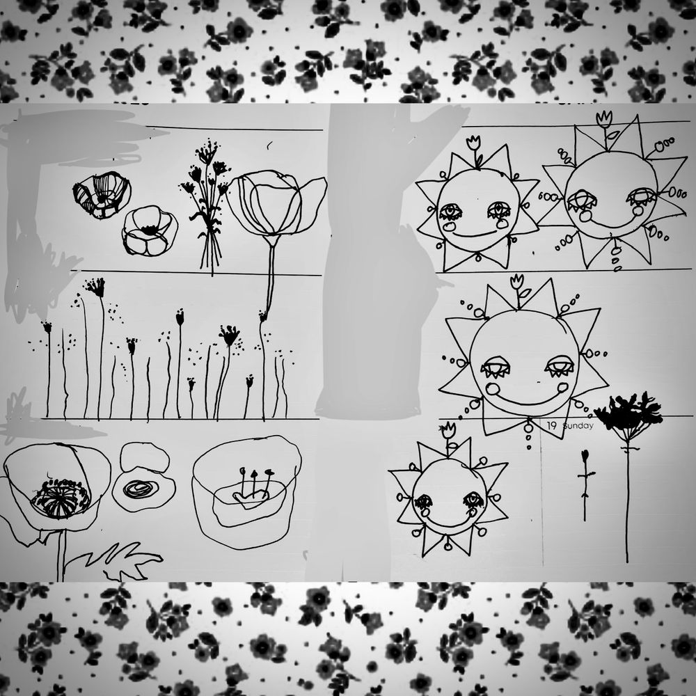 Rough sketch drawings of flowers and suns.