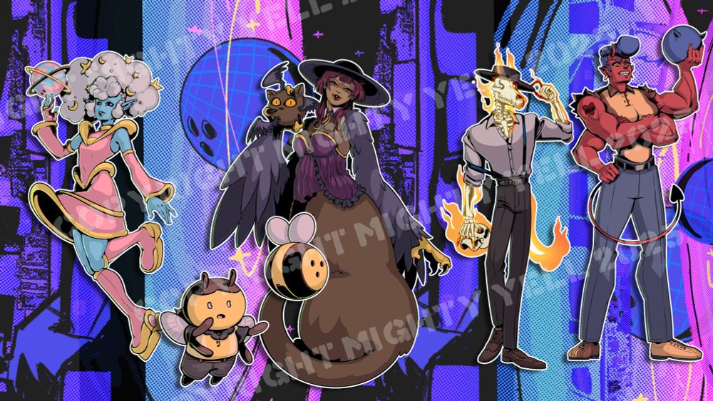 An array of characters including an alien with cloudlike hair in a pink dress and chunky platform boots spinning a planet bowling ball, a small bee-man chasing a flying bee shaped bowling ball, a large cat-raven-clawed woman in a broad hat with a small flying cat bowling ball, a flaming dog skeleton in a shirt and pants with suspenders holding a flaming skull bowling ball, and a four armed buff devil man with a devil bowling ball. 