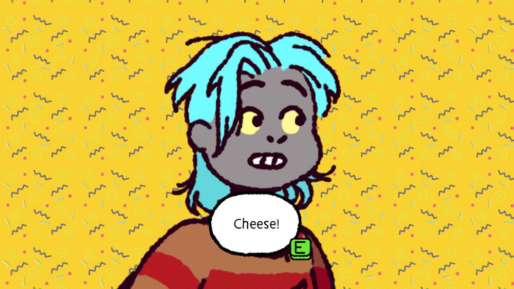 A person with a blue mullet is wearing a brown sweater with burgundy stripes. They are standing against a mustard yellow background with 90s squiggles. There is a dialogue box that reads: "Cheese". This is a screenshot from the game The Big Con.