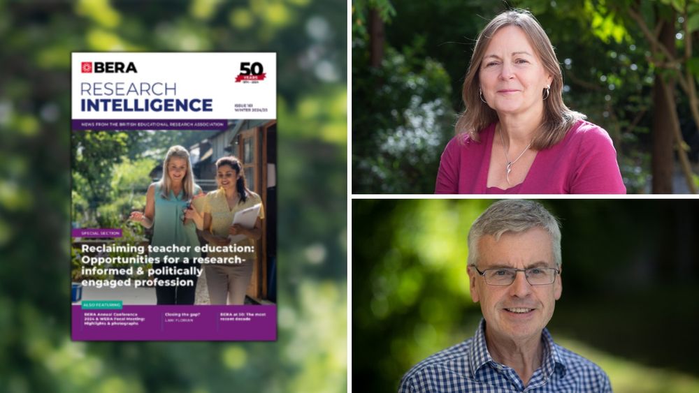 Dr Katharine Burn and Professor Trevor Mutton next to an issue of BERA's Research Intelligence journal