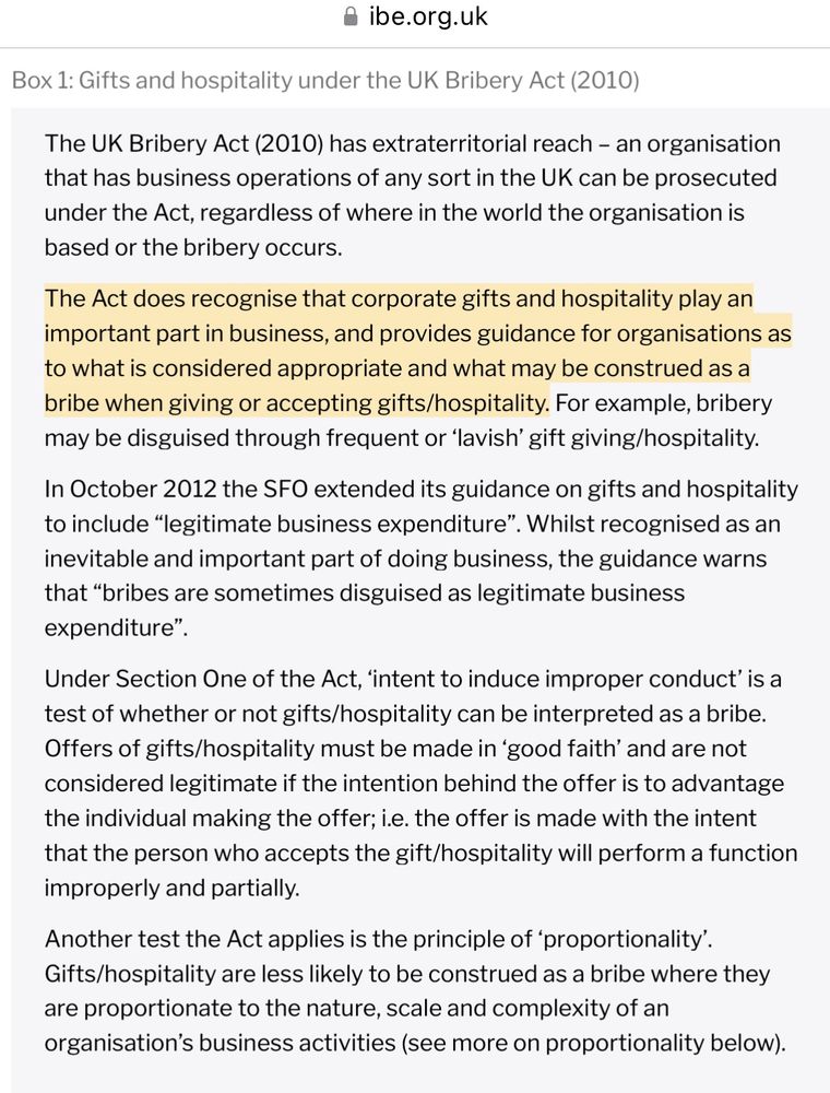 Bribery act including legitimate business expenditure