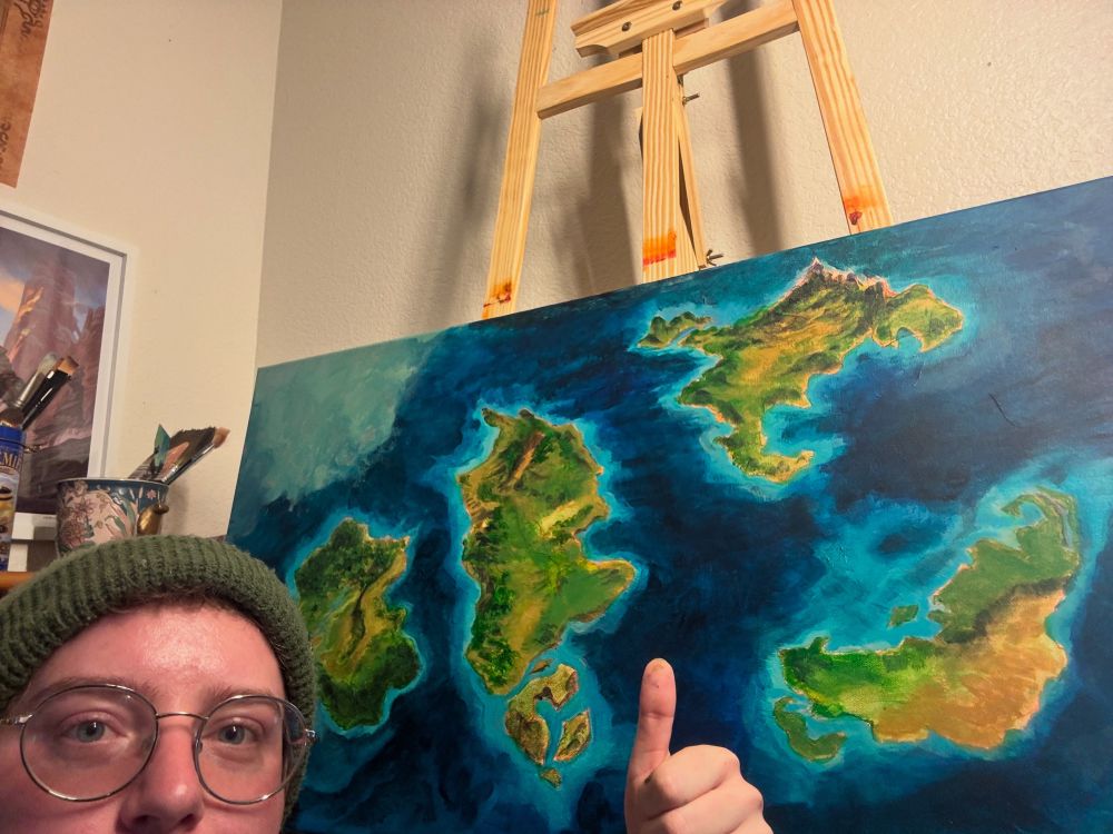A canvas painting of a fantasy world with four major bodies of land. Artist half pictures in bottom of frame 