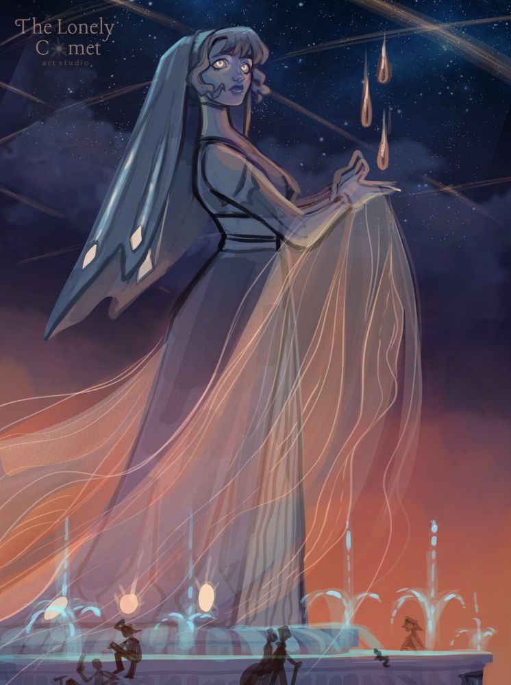 A scene at dusk of a towering stone statue of a women holding three drops of light. Her eyes and inner most parts of the statue are illuminated with light as she stares up into the night sky, which is crisscrossed by pale yellow beams of light 