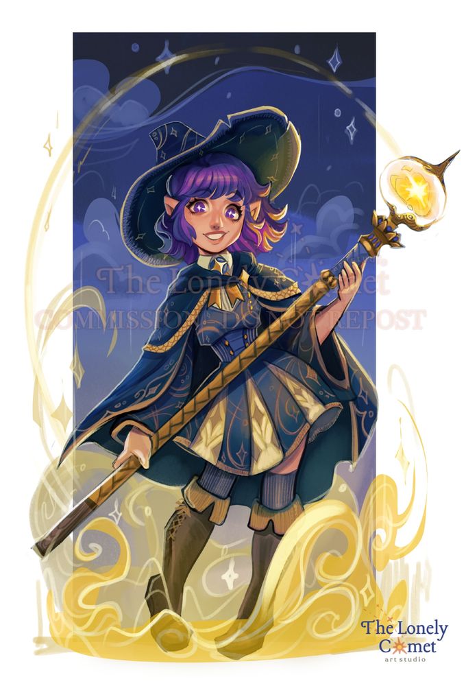 Full body commission of a wizard halfling, wearing a star and celestial patterned blue and gold dress + cloak. She holds a staff powered by a small star like ball and stands amongst golden curls of mist against a starry dark blue sky