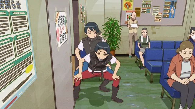 Kinkaku and Ginkaku Ebisugawa from The Eccentric Family, making a pose in a waiting room