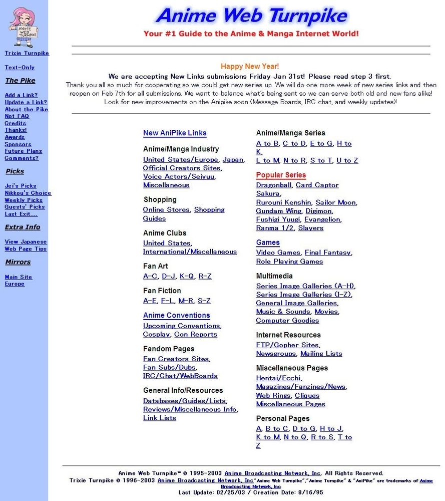 A screenshot of the Anime Web Turnpike landing page circa 2003. It is an incredibly dated web design of a style that was common in the late 90's