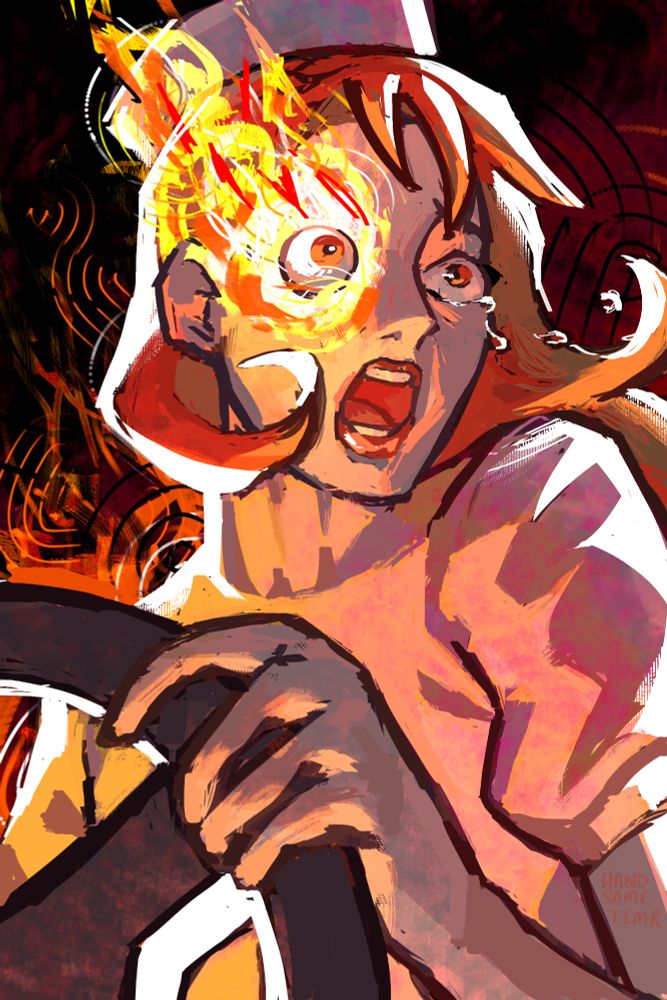 Digital fan art representing the Miney sisters from Ace Attorney. A woman is fearfully clutching a dark steering wheel while her surroundings burn in flames. On the left side of the canvas, the woman's hair glows red her clothes yellow, and her hat white from the fires behind her, resembling Ini Miney. Her eye on this side of the canvas is on fire, exposing her whole eyeball. On the right side of the canvas, the woman resembles Mimi Miney with flowing brown hair, pink nurse's cap and uniform. Her eye is crying tears flowing away from her and her mouth is open in agony.