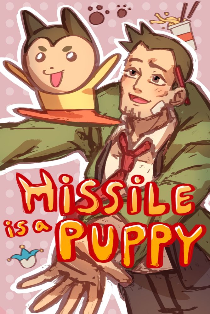 Digital fan art of Dick Gumshoe from Ace Attorney, drawn as the main cover of Maru Is A Puppy from Webtoon. His arms are open as he happily lets Missile leap from his arms. Missile is drawn like Maru, as a cartoonish child with dog ears and a circle head. The background is pink with light polka dots, with some doodles of the blue badger, dog pawprints and cup noodles. The text on top of them is drawn to imitate the Maru Is A Puppy English logo, instead saying Missile Is A Puppy.