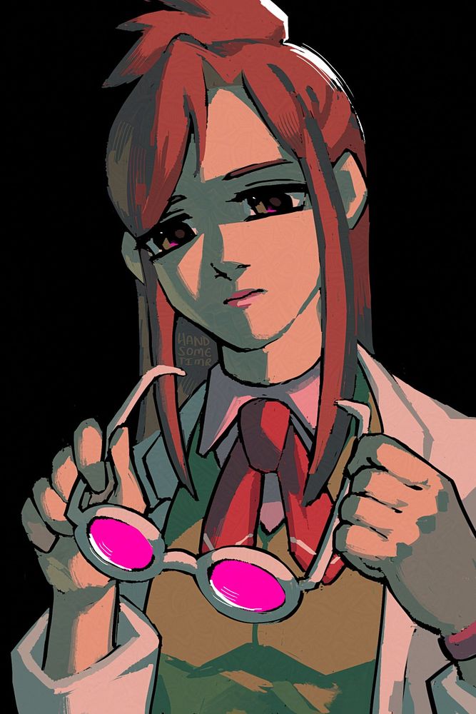Digital fan art of Ema Skye from Ace Attorney, depicted in her Apollo Justice Trilogy design. She has a melancholic and dejected expression, looking at her neon pink-tinted forensic glasses in her hands. Her head is tilted slightly to the left of the canvas, and her shoulders are slumped. Her eyes are mostly dark, but with small glints of light the same neon pink as her glasses. The colours are dark and saturated with teal shading. The background is a solid black.