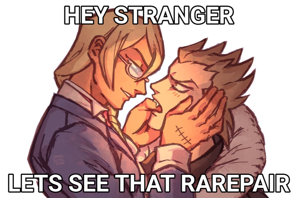 Digital fan art of Kristoph Gavin and Shi-Long Lang from Ace Attorney. They are redrawn in the same pose as the infamous NaruMitsu molars image. The text says "Hey stranger, lets see that rarepair"