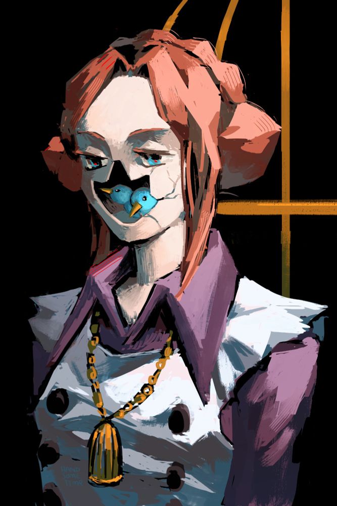 Digital fan art of Luna from Zero Escape. This painting is inspired by the NewDad album cover, Madra. Luna stands at a 3/4 perspective to the viewer, her lifeless eyes staring blankly. Her face has a large crack removing her nose and mouth, revealing two small blue birds inside the crack. Behind her, a large golden birdcage is visible. The background is a solid black.