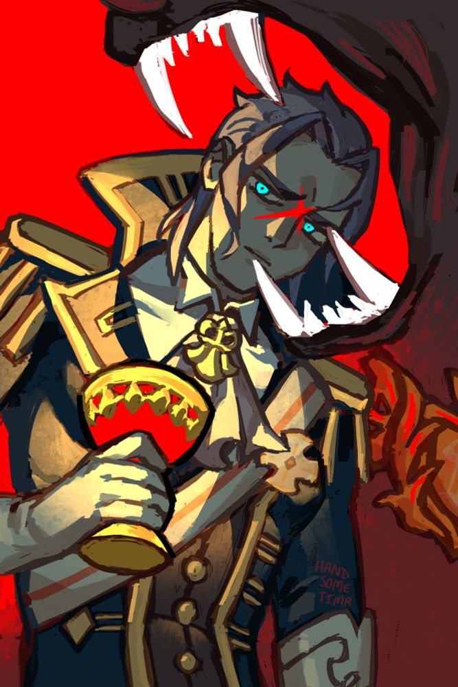 Digital fan art of Barok van Zieks from The Great Ace Attorney. He is staring at the viewer with his usual pained expression with glowing blue eyes, leaning his head into the gaping mouth of a shadowy hound. The hound's large and sharp teeth glow white, and it is wearing an elaborate dog collar that is stained red. This red matches the background, the wine in Barok's chalice and the X-shaped scar on his face. Bright yellow light shines from the left of the canvas onto Barok.