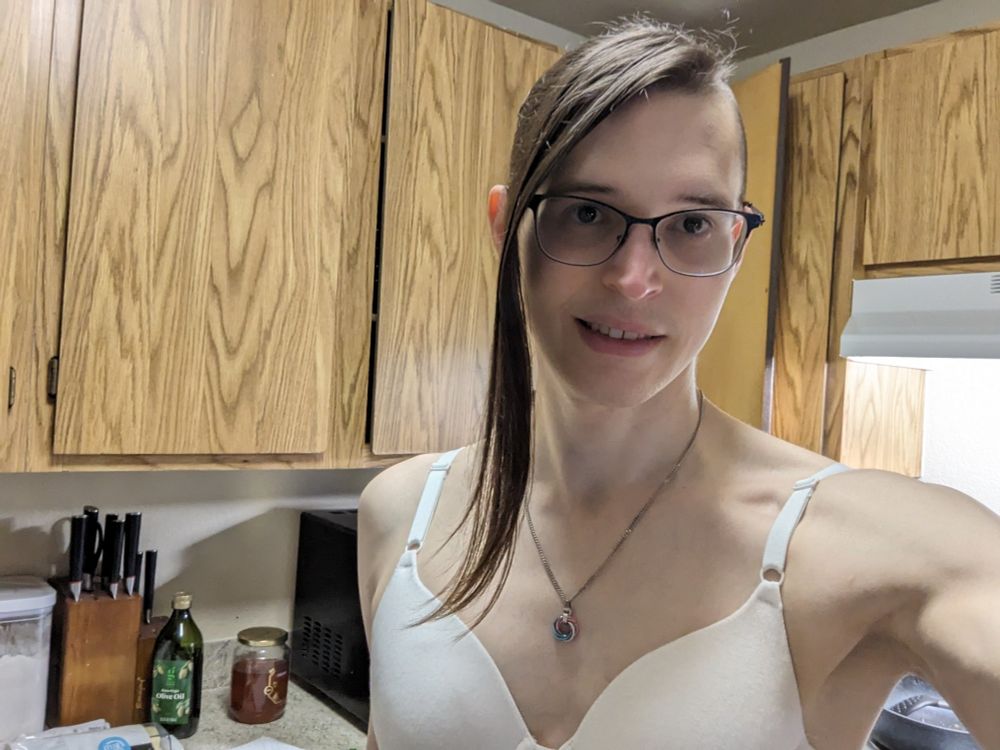 Home from work, standing in my undies in the kitchen.