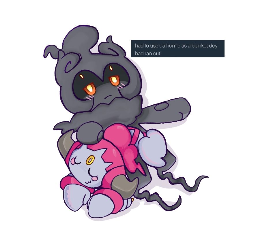 A drawing of the Pokémon Hoopa and the Pokémon Marshadow sleeping.
The textbook in the upper right corner reads: "had to use da home as a blanket dey had ran out."