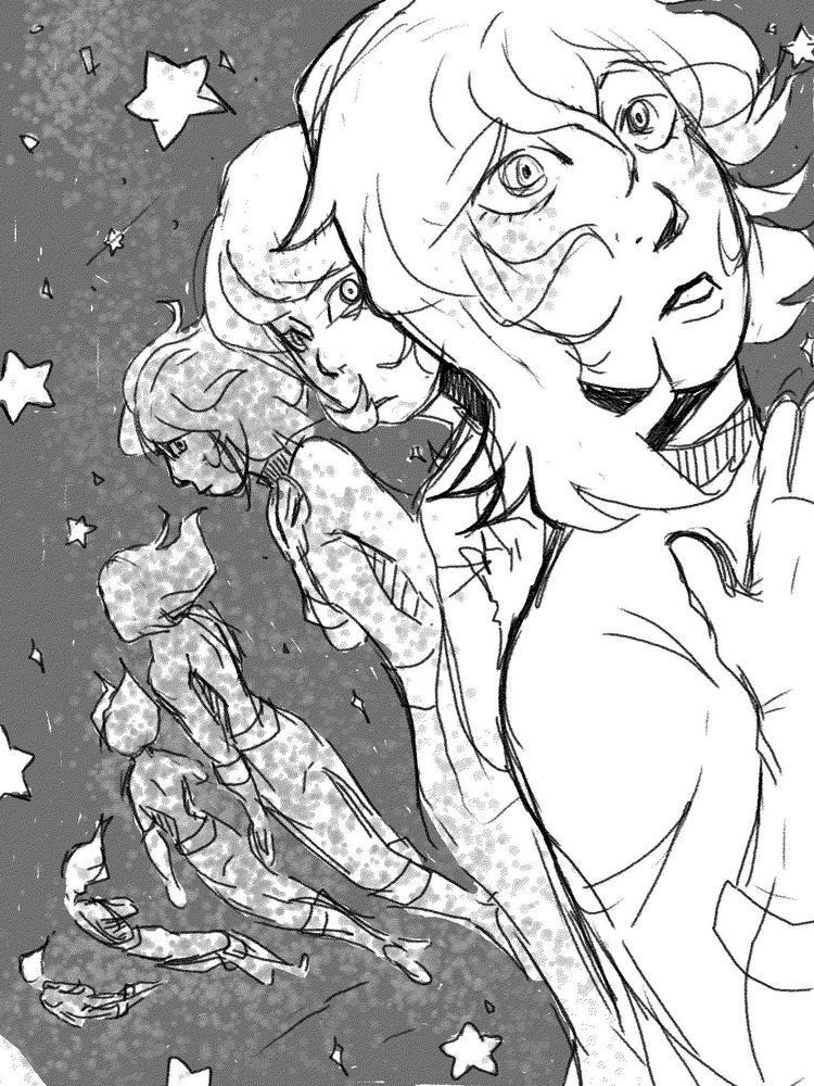 A character floating in space with their hand over their heart. Each drawing, is a different frame of them falling away into space. This image is without the messy white boarder. 