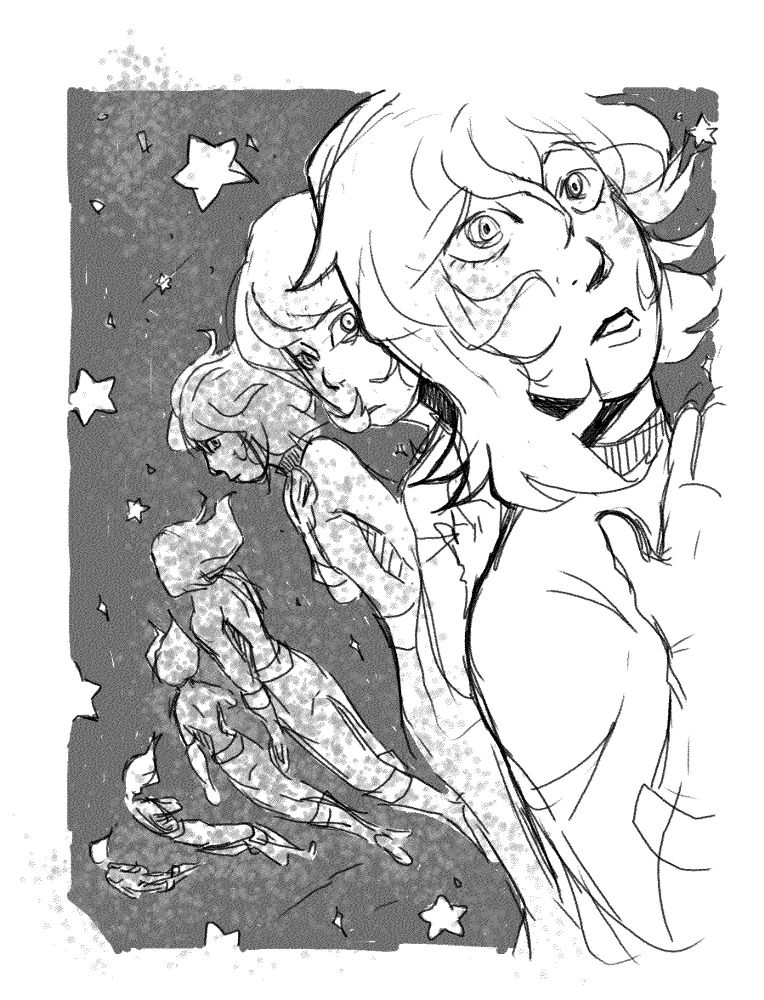 A character floating in space with their hand over their heart. Each drawing, is a different frame of them falling away into space. This image has a messy white boarder. 