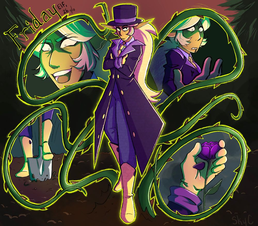 An elf woman wearing a dark purple tophat, and waistcoat stands with her arms crossed and vines coming out of the ground around her. The vines make loops and each loop has a different memories of hers within. An evil laughing friday, a horrified friday, her shoving a shovel into dirt, and her hand grasping a purple rose.