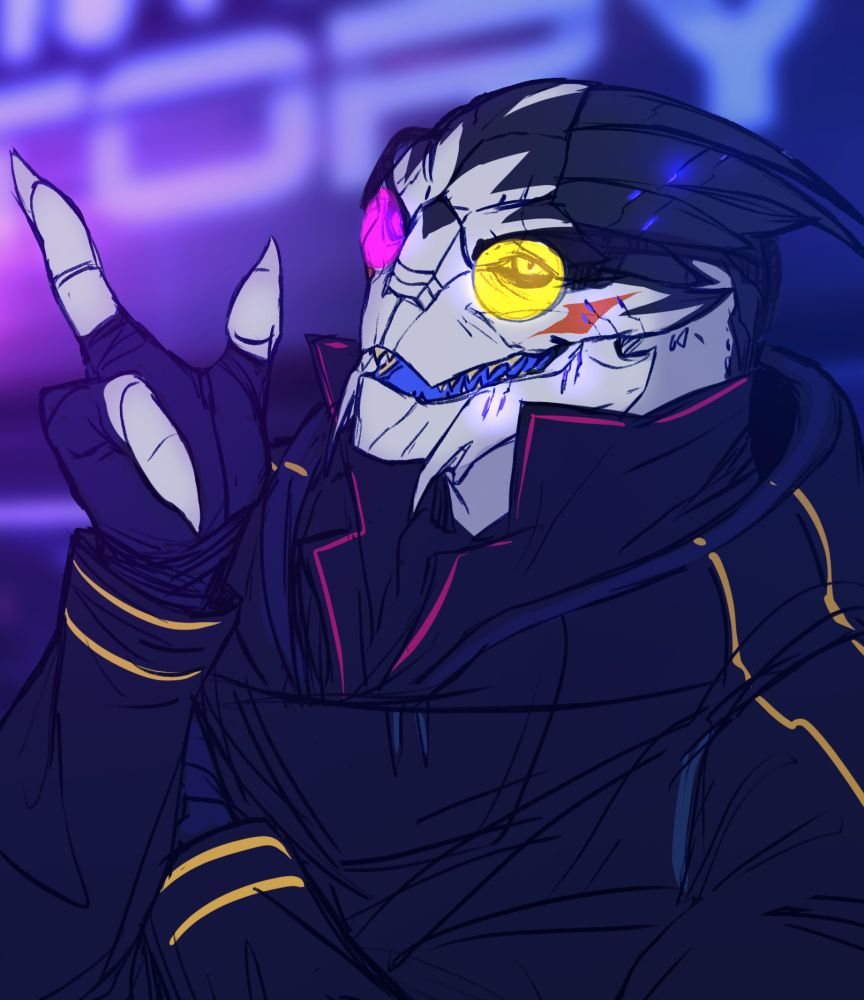 Sketch of the character Spamton from Deltarune imagined as a turian from Mass Effect. He’s holding a three clawed hand up, pointing one claw upward. He’s grinning nervously. His carapace is white and his face paint is a dark blueish black with two red streaks on his cheeks. He’s wearing a visor over both eyes, the left is yellow and the right pink.
