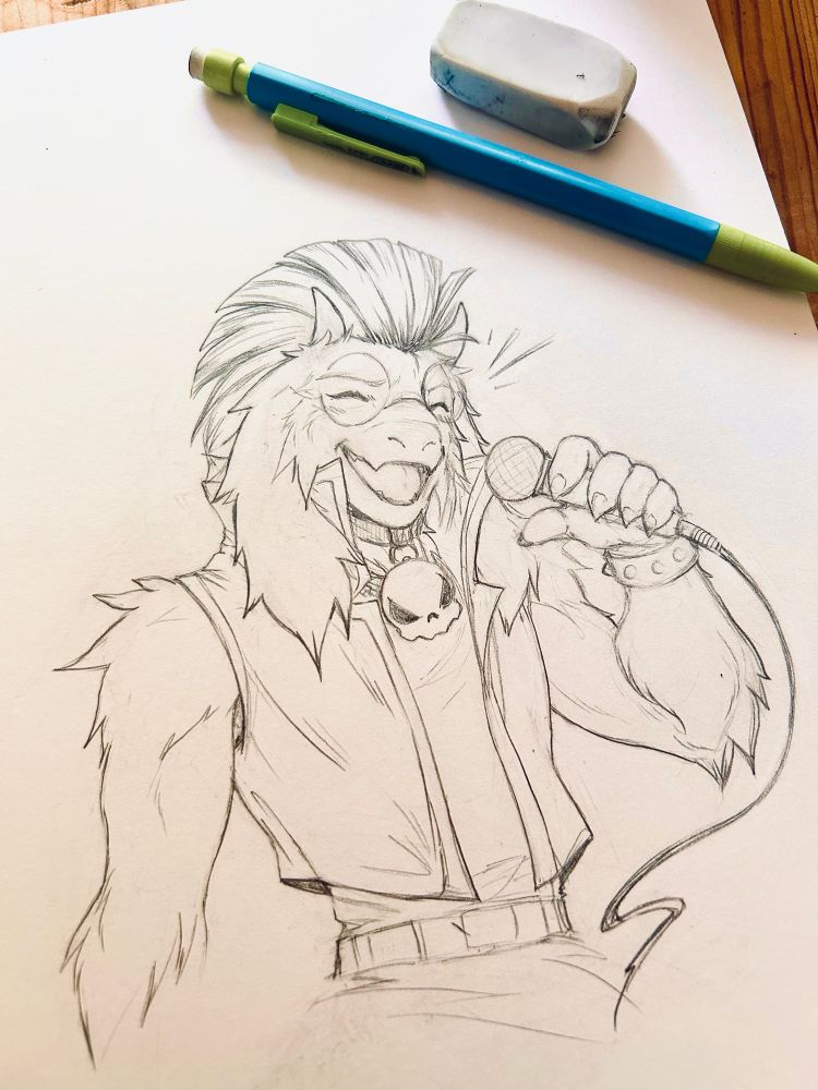 Sketch of the character Ralsei from Deltarune. Ralsei is drawn in his rock outfit from Chapter 3. He’s got a high fluffy Mohawk, a sleeveless jacket with a high collar, a skull necklace, a studded bracelet. He’s singing with a happy expression, his eyes are closed as if he’s singing a high tune. He’s holding a microphone in his left hand. 