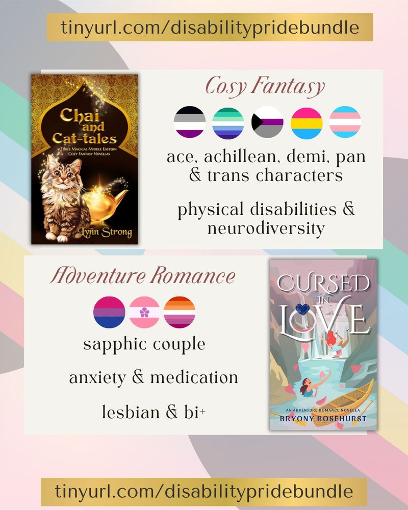 Chai and Cat-tales. Cozy Fantasy. Ace, achillean, demi, pan, & trans characters. Physical disabilities and neurodivergence. Cursed in Love:  adventure romance. Sapphic couple. Anxiety D medication. Lesbian and bi+. 