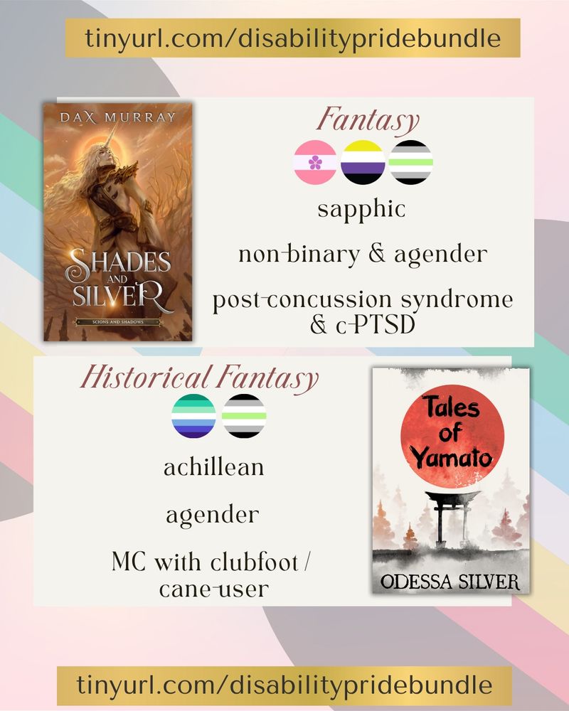 Shades and Silver: Fantasy. Non-binary, sapphic, agender. Post concussion syndrome & c-ptsd. Tales of Yamato: historical fantasy. Achillean. Agender. MC with club foot / cane user. 