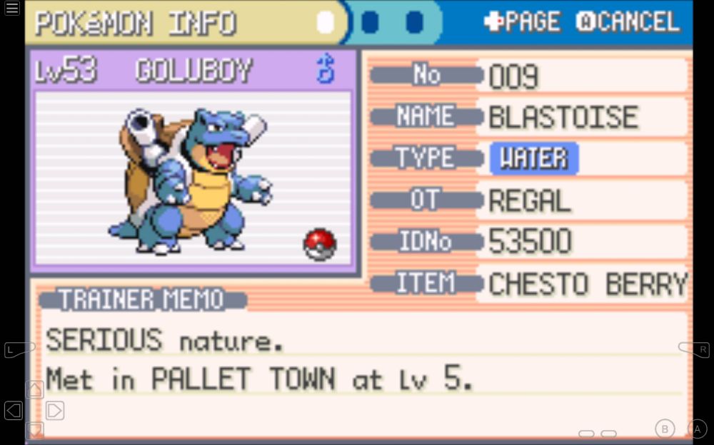 Level 53 Blastoise
Type: Water
Nature: Serious
Item: Chesto Berry
