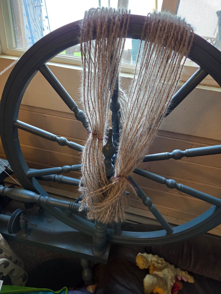 Silver-grey yarn made from dog hair is draped over the wheel part of a blue spinning wheel. The light is behind the wheel so you can see the fluffy halo on the yarn.