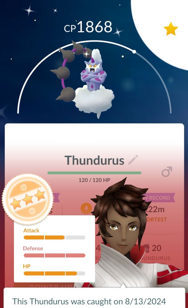 Pokémon GO screenshot. Shiny Thundurus Incarnate Forme after being caught; 3★ stats, 10/15 in Attack and 13/15 in HP (15/15 in Defense)