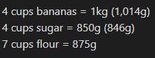 4 cups bananas = 1kg (1,014g)
4 cups sugar = 850g (846g)
7 cups flower = 875g