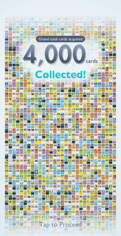 A celebration screenshot saying "Grand total cards acquired: 4,000 cards collecterd!" With a background of just hundreds of cards that clearly go well beyond the edges of the screen