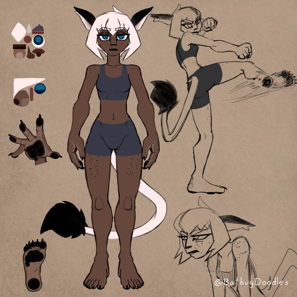 A'Mirah Redesign sheet, athletic catgirl doing a kick, practicing martial arts. And another face looking very grumpy, as she does.