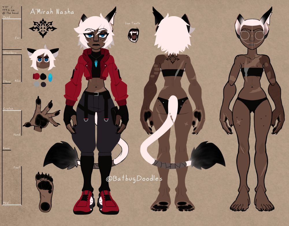 A'Mirah Ref sheet 2025.
Catgirl, Lion traits, pads on contact surfaces of palms/soles and digit tips, claws, prominent teeth