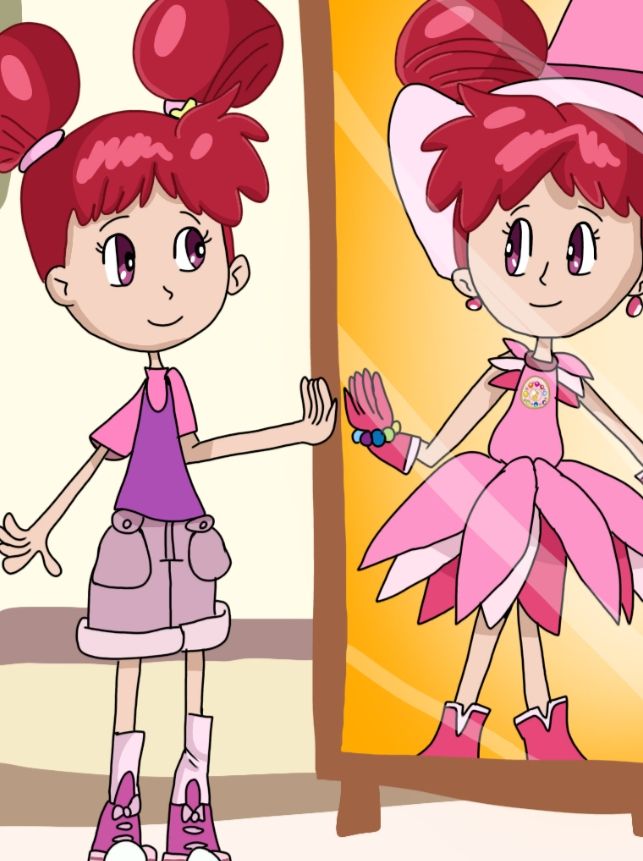 Doremi looks at herself in the mirror within her house and staring back at her inside that reflection is her wearing her pink witchling attire.