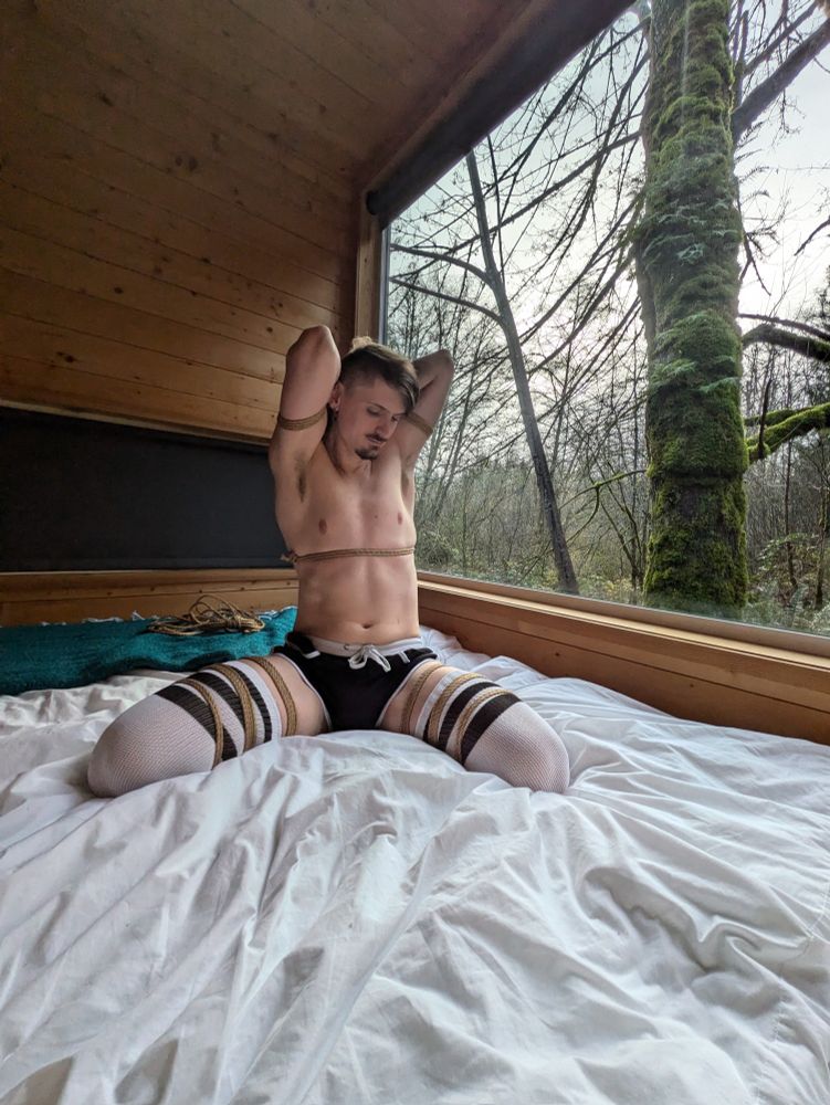 A lean muscular person with their arms tied behind their head and legs tied into bent leg positions and spread apart demurely looks down away from the camera in front of a window into the forest. 