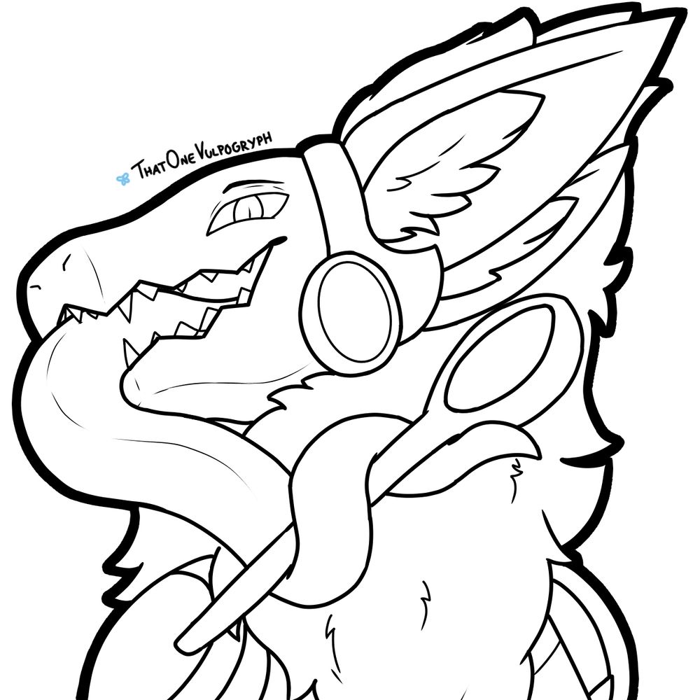 A lineart headshot of Deejae, the Protogen, with his visor retracted and holding a ladle with his extended tongue.

Character by Aenjinear
Art by ThatOneVulpogryph
