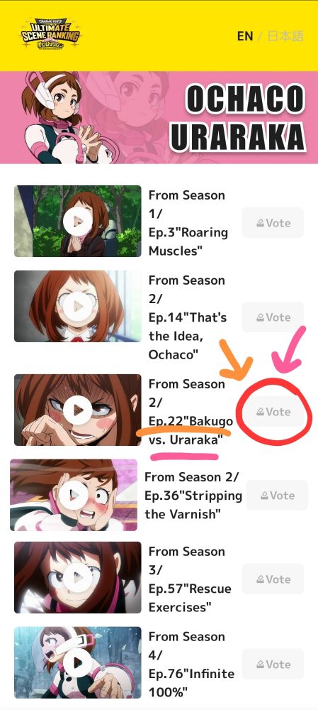 Ochaco Uraraka’s scene selection page. The episode "From Seasom 2/Ep.22"Bakugo vs. Uraraka"" is underlined in pink and orange. A circle is around the "vote" button beside it with orange and pink arrows pointing at it.