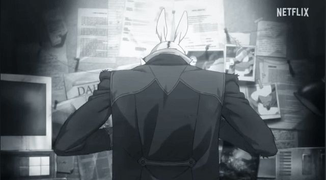 The back of the White Rabbit from Devil May Cry (2025) putting on his jacket and half turning to grin sinister.