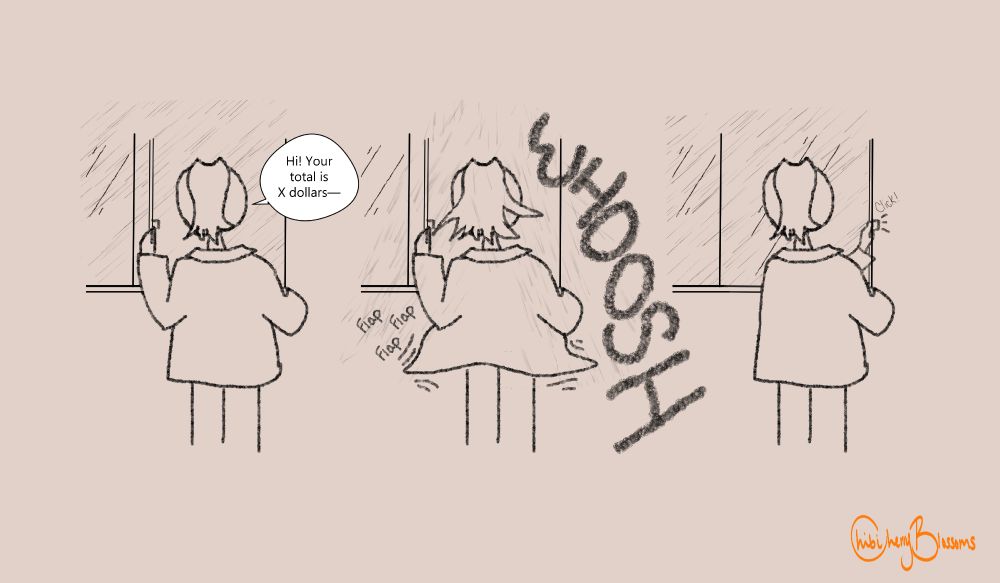 There are three panels.

The first shows the back of Chibi in a coat and pants with her hair in a ponytail. She appears to be in front of a drive-thru window with the window open. It is raining. There's a speech bubble near her head that says "Hi! Your total is X dollars—"

The second panel has WHOOSH in large letters with rain pouring inside of where Chibi is standing. In smaller writing near her flapping coat is "Flap Flap Flap". Her hair is seen blowing with the wind.

The third panel shows that everything is back to normal, only the window is now closed with a "Click!" where the lock is. It is raining more outside.