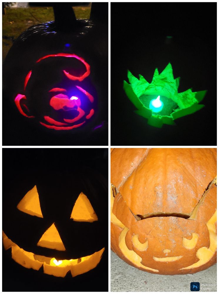 Image of 4 Pumpkins - a smurf, a maple leaf, a Pikachu, and a traditional jack o lantern