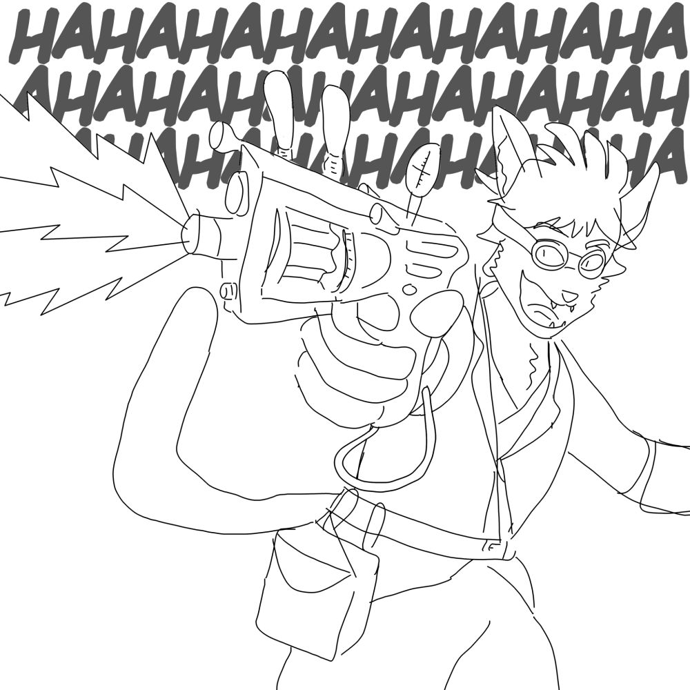 Squall, an Amurrun man, laughing as he fires his innovation weapon.