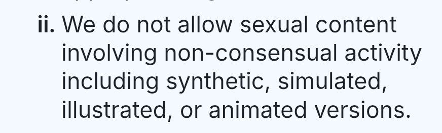 Screenshot of updated Bluesky community guidelines stating: “We do not allow sexual content involving non-consensual activity including synthetic, simulated, illustrated, or animated versions.”