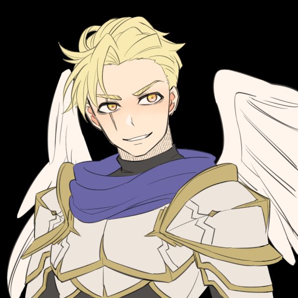 Trevor, a fair-skinned man with yellow eyes and swept back blonde hair. The right side of his bangs arc and hang over his forehead, and a vertical scar runs down from his right eyebrow to his lower cheek. He wears white armor with a golden trim, and a confident half-grimace. His angel wings are unfurled, but likely smaller than they would be in an "official" reference.
Image created with Picrew, via https://picrew.me/image_maker/13338.