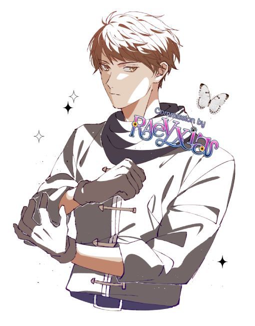 Allen Dawnforge, a light-skinned man with short brown hair and bright golden eyes. His expression is stern and calm, as he adjusts the sleeves on his coat. The background is decorated with black and white sparkles, and a white morpho butterfly. Art commission by @raeyxia.bsky.social.