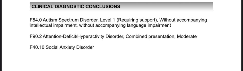 CLINICAL DIAGNOSTIC CONCLUSIONS
F84.0 Autism Spectrum Disorder, Level 1 (Requiring support), Without accompanying intellectual impairment, without accompanying language impairment
F90.2 Attention-Deficit/Hyperactivity Disorder, Combined presentation, Moderate
F40.10 Social Anxiety Disorder