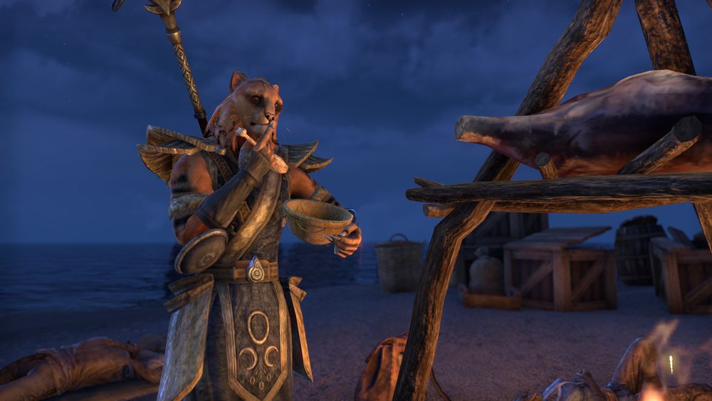 A picture of the Khajiit licking his finger while cooking. 