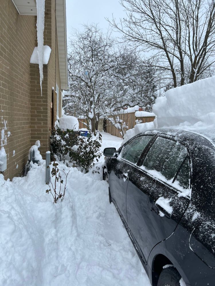 More than a foot, 30 cm approximately, of snow had fallen on my car roof. My Fitbit showed 7,700 steps digging out just the end of the driveway. The icicle descending from the eaves is about a metre long. 
