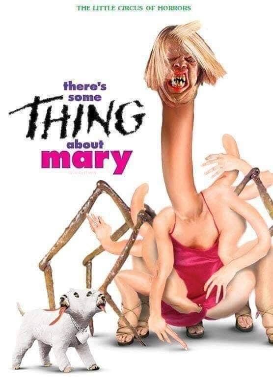 Movie poster, titled "there's some THING about mary"

It shows a woman in a red dress, but with a long neck, a monstrous face, 5 feet, 4 arms, tentacles, and spider legs. Also pictured is a small 2-headed dog in a full-body cast with multiple long tongues.


It is referencing John Carpenter's The Thing.
