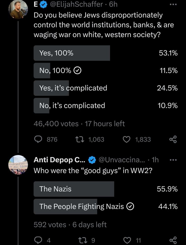 Two tweet polls.

1. by @ElijahSchaffer

Do you believe Jews disproportionately control the world institutions, banks, & are waging war on white, western society?

Results are:

Yes, 100%: received 53.1%
No, 100%: received 11.5%
Yes, it's complicated: received 24.5%
No, it's complicated: received 10.9%

46,400 votes

2. by @Unvaccina<rest of handle not visible>

Who were the "good guys" in WW2?

Results are:

The Nazis: received 55.9%
The People Fighting Nazis: received 44.1%

592 votes
